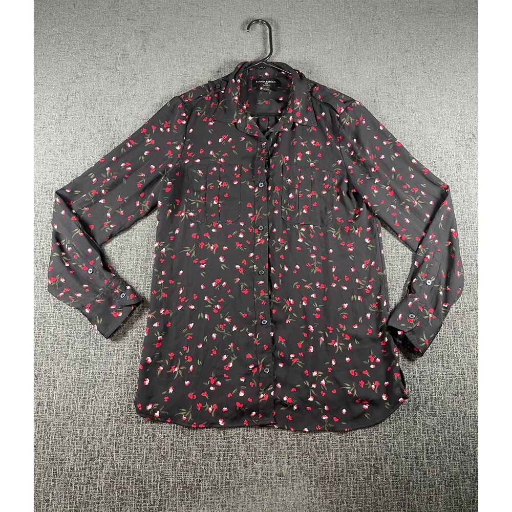 Banana Republic Womens Black Floral Button Down Shirt Classic Fit Long Sleeve M